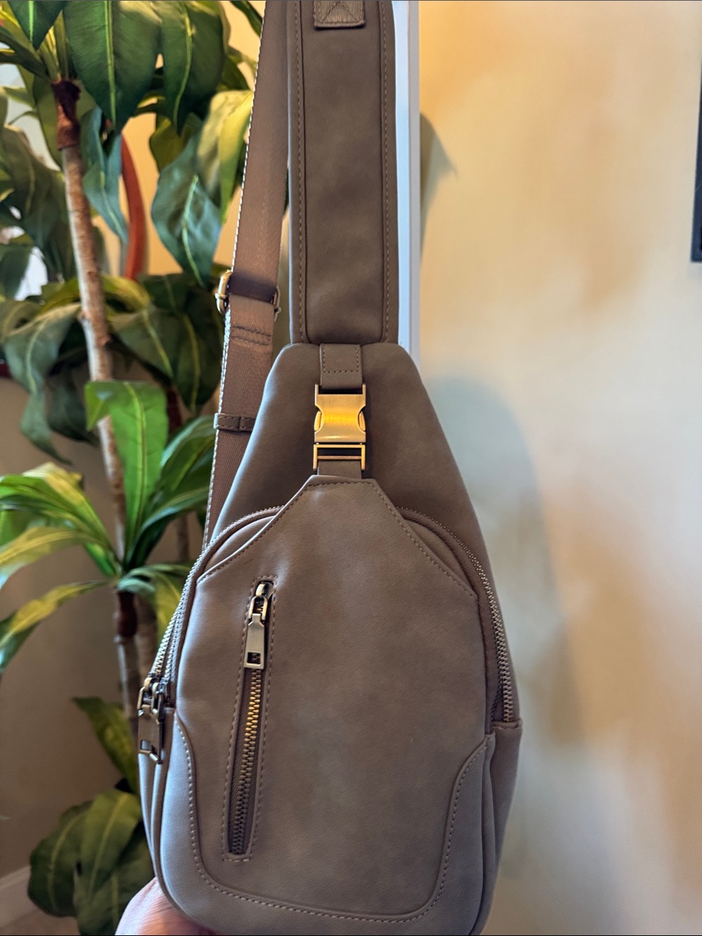 Women’s Taupe/ Grayish suede Sling Bag with Gold Buckle